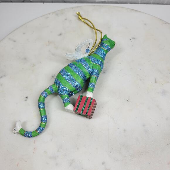 Vtg Cat Christmas Ornament 6.5" Green Glitter Striped Angel Wings Holiday Decor - Picture 10 of 15